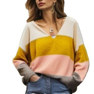 Mason & Belle Colorblock Linnea V-Neck Sweater Cream/Pink Striped Medium